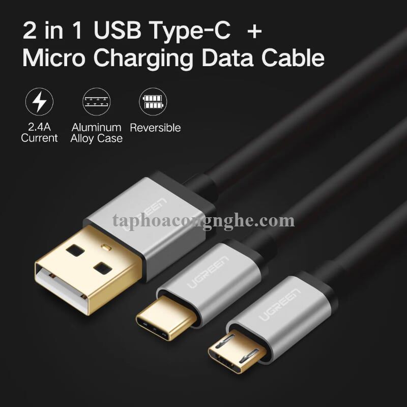 Ugreen 30571 0.5m màu xanh Cáp USB-A 2.0 sang Micro USB + USB-C US196 30030571